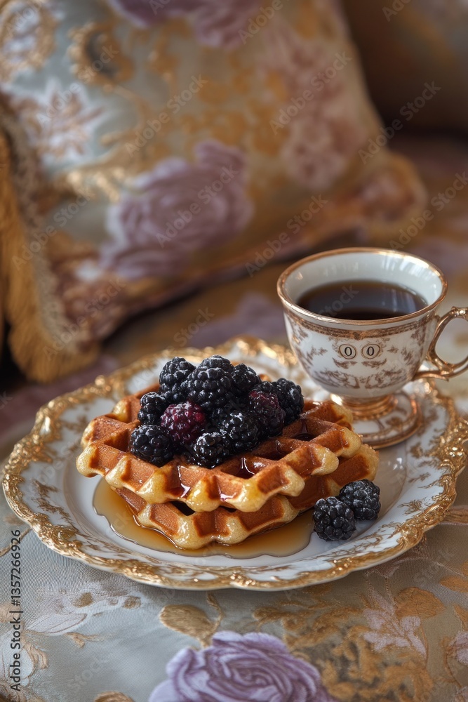 A stack of waffles topped with berries beside coffee A stack of waffles topped with berries beside coffee