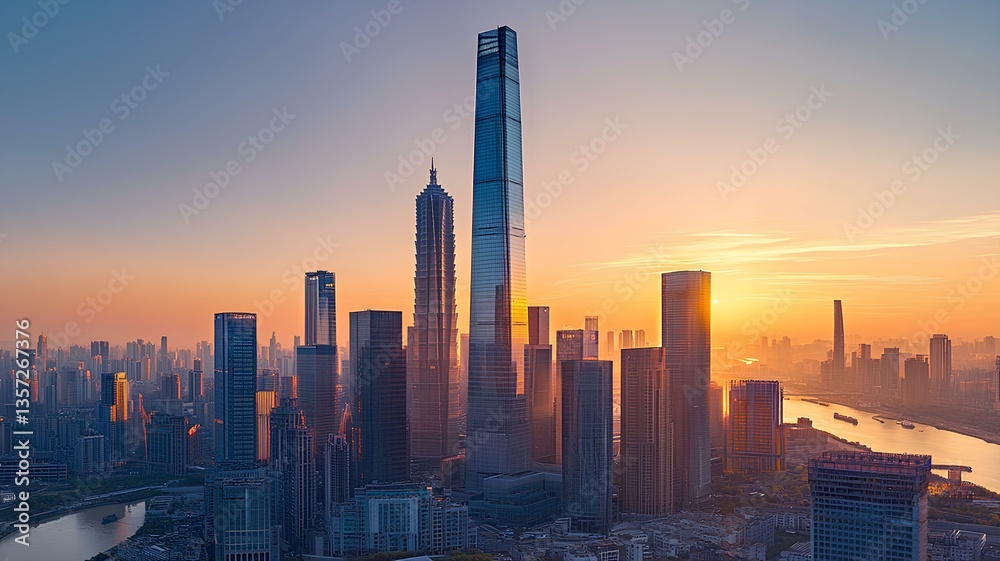 Fototapeta premium urban view with tall buildings at sunset