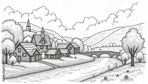 A charming village nestled along a winding river, with small wooden cottages, stone bridges, and lush trees drawn in elegant, intricate line art. 