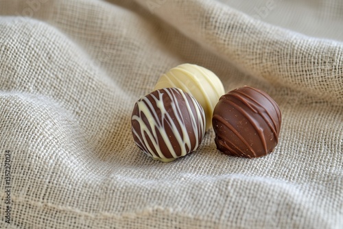 Assorted Gourmet Chocolate Truffles on Natural Linen Fabric Background