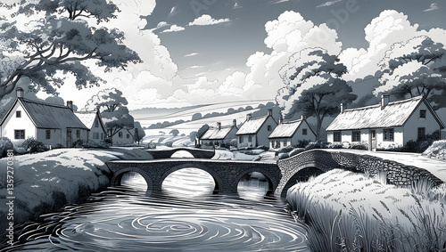 A charming village nestled along a winding river, with small wooden cottages, stone bridges, and lush trees drawn in elegant, intricate line art. 