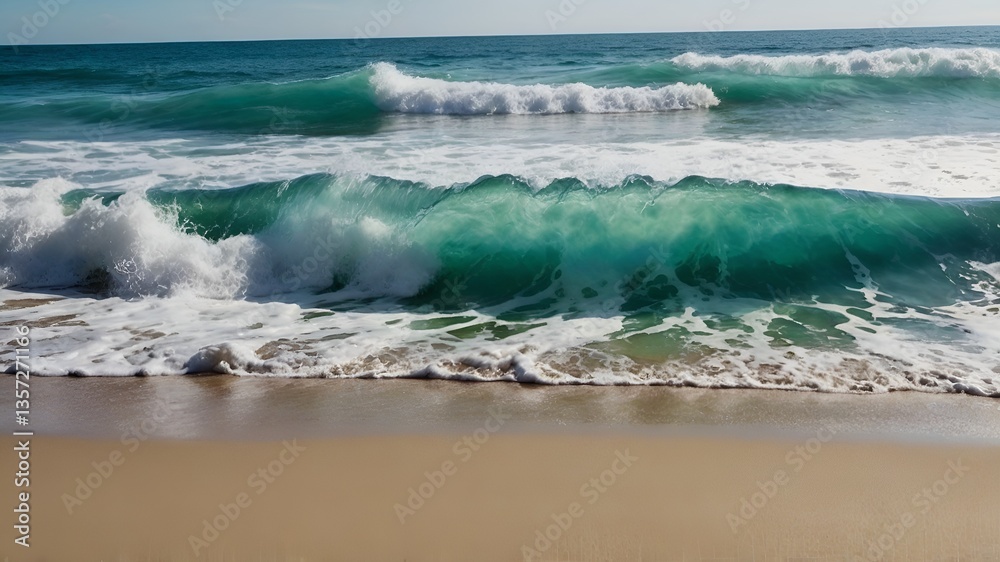 Fototapeta premium A stunning image of ocean waves crashing on the shore at sunrise. Ocean wave crashing, sea foam, bright sky, nature. Turquoise waters churn as a massive wave rises in the ocean.