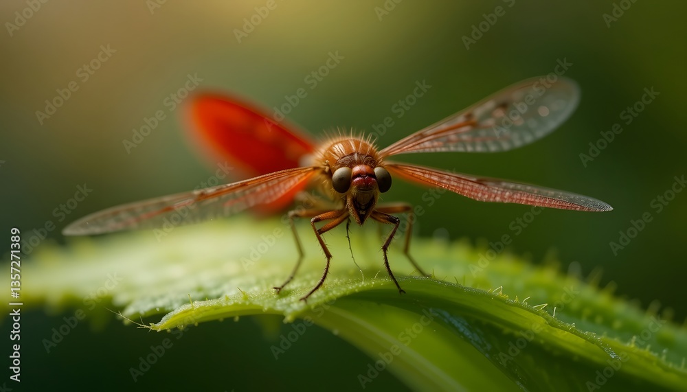 Close-Up of Red Dragonfly Perched Gracefully on Green Leaf Close-Up of Red Dragonfly Perched Gracefully on Green Leaf