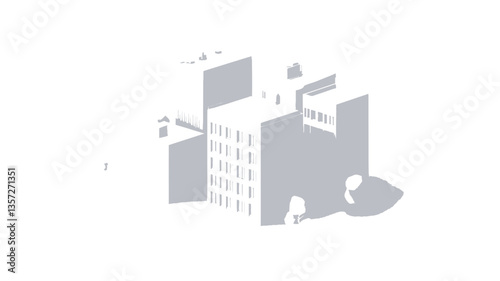 The image is a digital rendering of a minimalist cityscape model.  The scene is composed of several small, cubic buildings rendered in solid white against a plain white background.  The buildings