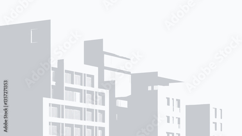 The image is a grayscale photograph depicting a cityscape.  The buildings are rendered in varying shades of light gray, creating a minimalist and almost abstract effect.  The focus is soft, with a