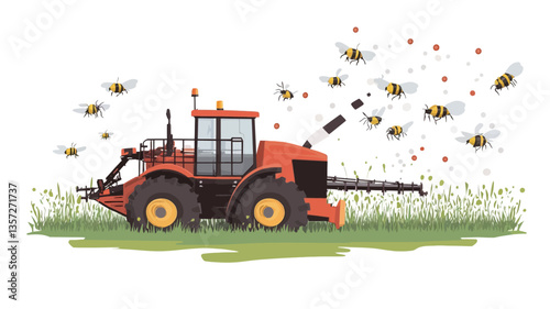 A digital illustration depicting an orange tractor moving through a green field.  A swarm of bees is flying around the tractor and above the field. The style is vector-based with clean lines and