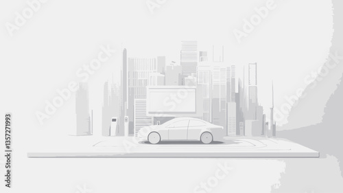 The image is a 3D rendering depicting a minimalist cityscape rendered entirely in white. The scene includes a stylized car positioned on a flat surface, facing the viewer's left. Behind the car,