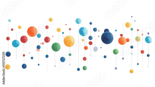 The image showcases a collection of multicolored spheres of varying sizes, seemingly floating against a stark white background.  The spheres exhibit a three-dimensional effect, with subtle shading