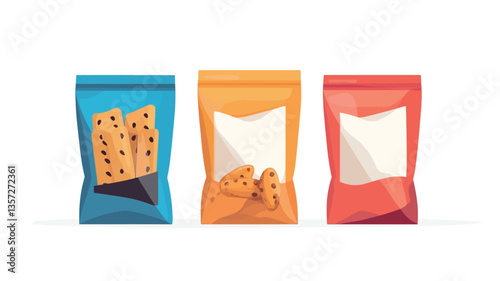 A digital illustration depicting three stand-up pouches of varying colors—blue, orange, and red.  Two pouches partially reveal contents that appear to be small, baked goods.  The bags are presented
