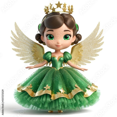 Angel Wearing Green Tulle Dress With Puff Sleeves And Full Skirt Covered In Stars.eps