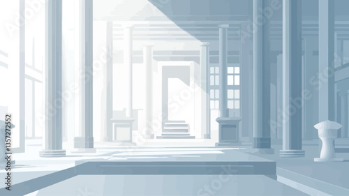 The image depicts a digitally rendered, minimalist architectural interior.  The scene is dominated by a long hallway with numerous evenly spaced columns and pillars, creating a strong sense of