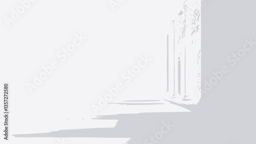 The image shows an abstract representation of a colonnade.  The scene is rendered entirely in shades of white and off-white, creating a high-key effect. The columns recede into the distance,