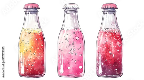 Elegant Watercolor Glass Bottles and Fizzy Drink Illustration for Beverage Branding
