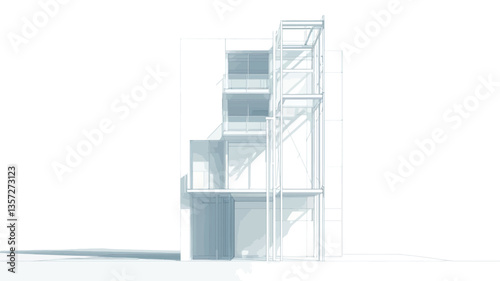 The image presents a digital rendering of an architectural wireframe model.  The model depicts a multi-level structure with open staircases and platforms.  The color palette is monochromatic,