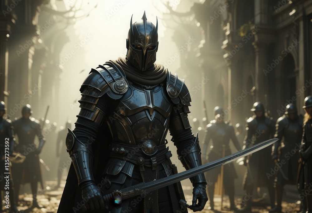 Knight in armor stands ready in a medieval battleground