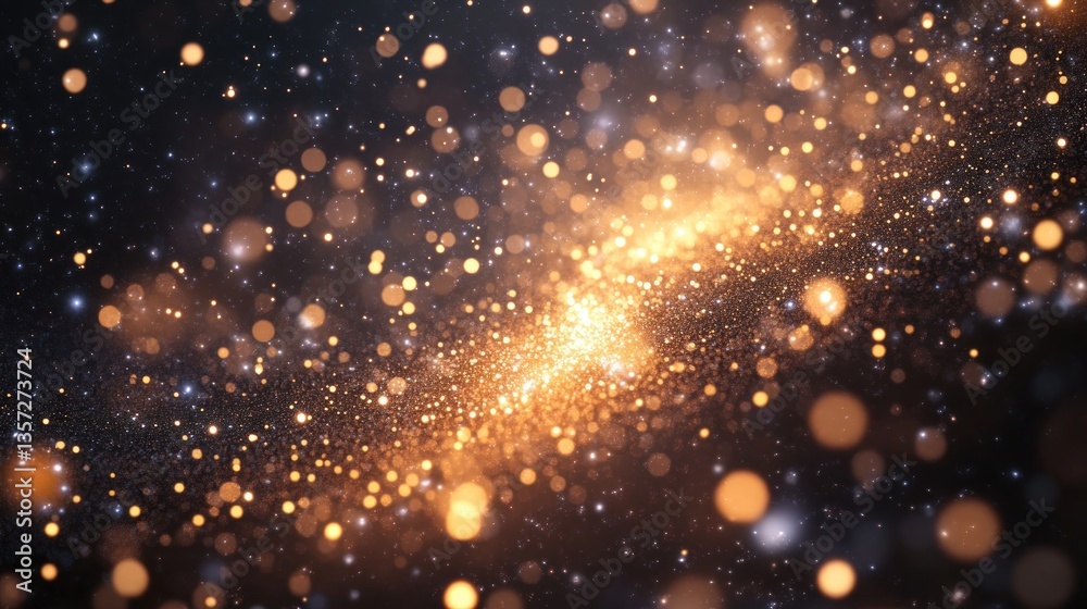 Obraz premium Ethereal cosmic dust landscape with shimmering gold particles and bokeh lights against dark backdrop