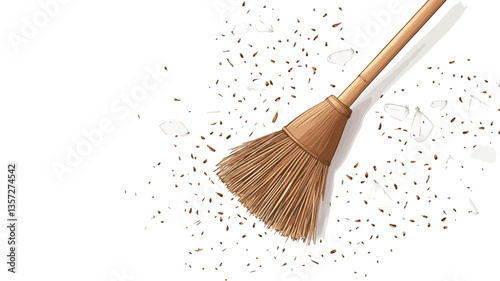 High-angle, close-up view of a wooden-handled broom with natural fiber bristles sweeping across a white surface.  Small particles of dust or debris are scattered around the broom, indicating the