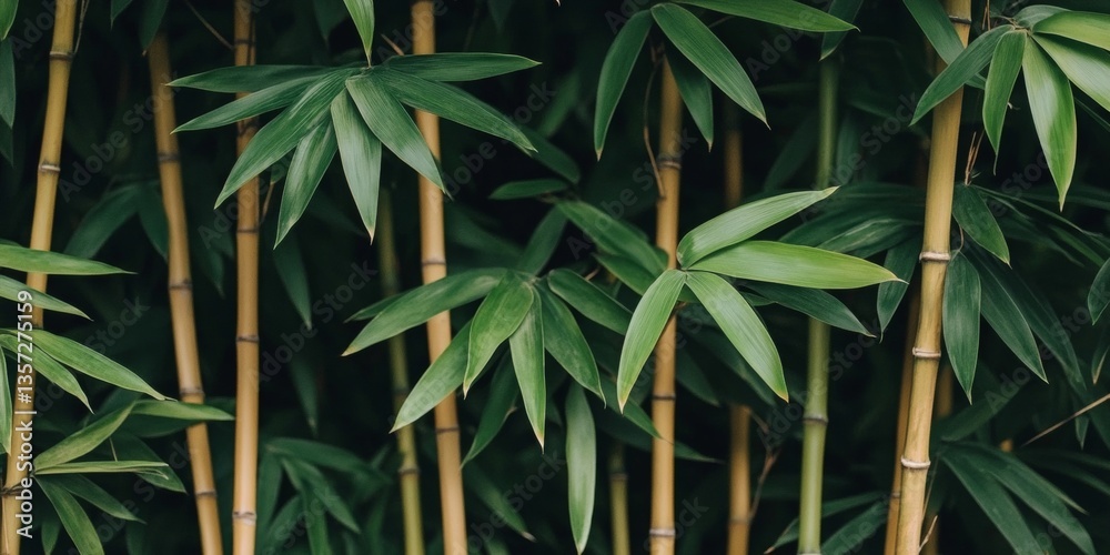 Fototapeta premium Green Bamboo Forest, Lush Foliage Texture, Abstract Nature Background, Tranquil Garden Scene