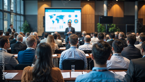 Large group of business people attending conference presentation