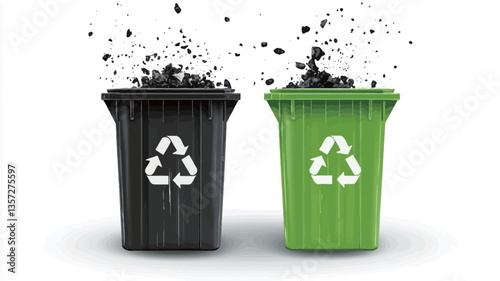 The image is a 3D rendering depicting two waste bins, one black and one green, against a pure white background.  The black bin is on the left, the green bin on the right. Both bins feature a