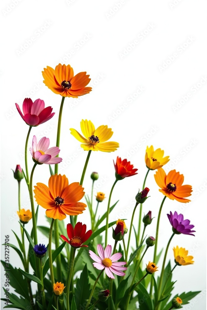 Fototapeta premium A variety of vibrant meadow flowers in bloom isolated on a white background, white, beautiful