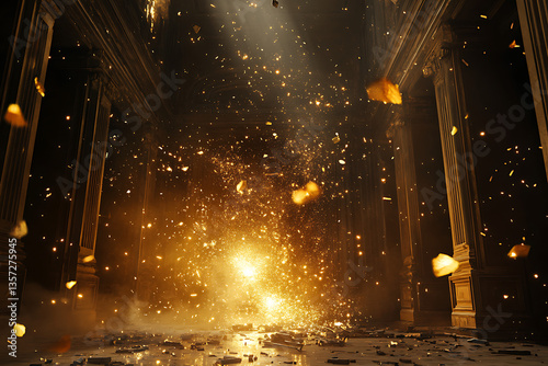 Dramatic explosion in a grand hall with golden sparks illuminating the dark space