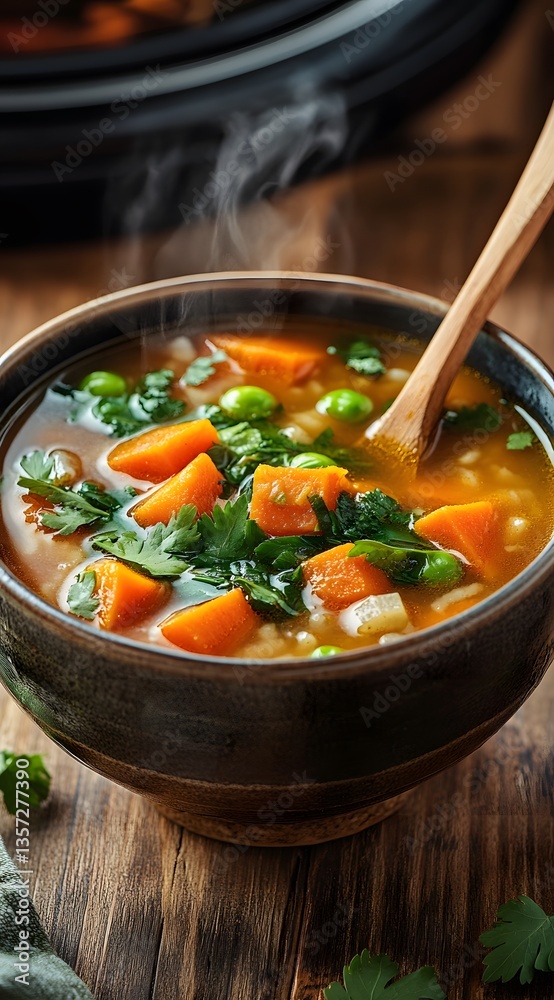 A comforting bowl of steaming vegetable soup with wooden spoon A comforting bowl of steaming vegetable soup with wooden spoon
