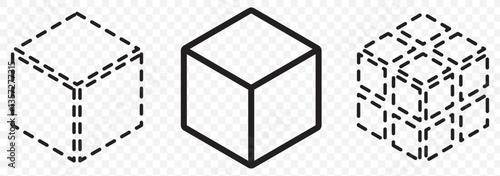 Set of cubes vector icons. Black simple cube pictogram. 3d box graphic concept. Graphic element vector on Transparent Background. EPS 10.