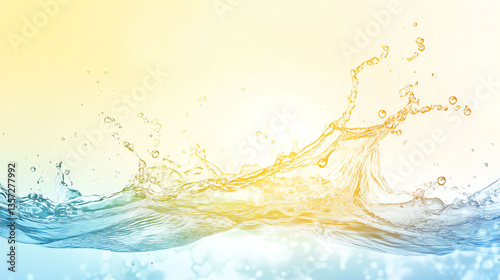 Abstract yellow and orange liquid splashing with transparent bubbles isolated on clean white