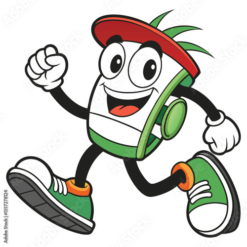 Animated Running Glass Mascot Character with Red Cap, Smiling Face, and Arms Raised