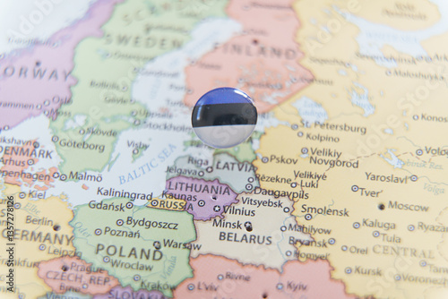 Estonia map with a pin showing the national flag. Close-up view. Travel, geography, and politics concept.