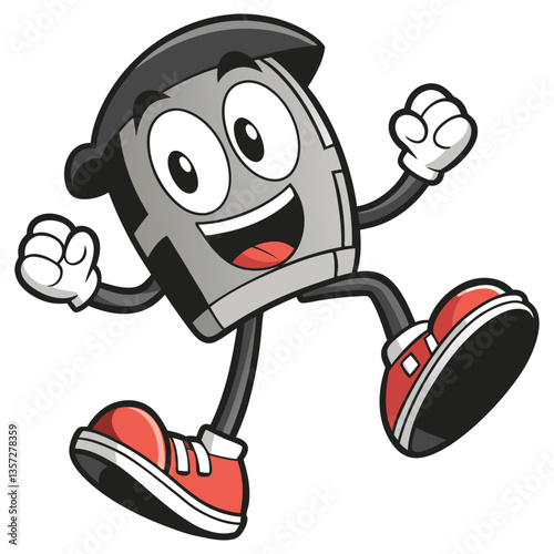 Happy Gray Cassette Tape Cartoon Character Running with Arms Outstretched and Red Shoes