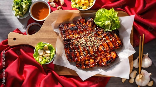 Korean Yangnyeom Dwaeji Galbi (Spicy Pork Ribs) with caramelized glaze and sesame (Korean Cuisine)
