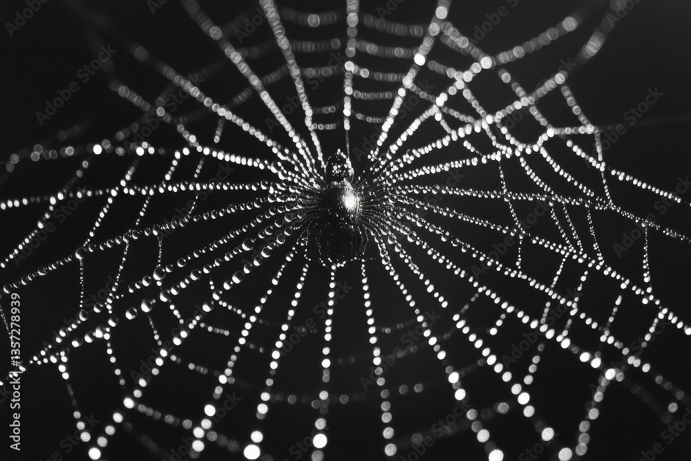 Fototapeta premium Delicate Spiderweb with Dew Drops - A Stunning Macro Photography