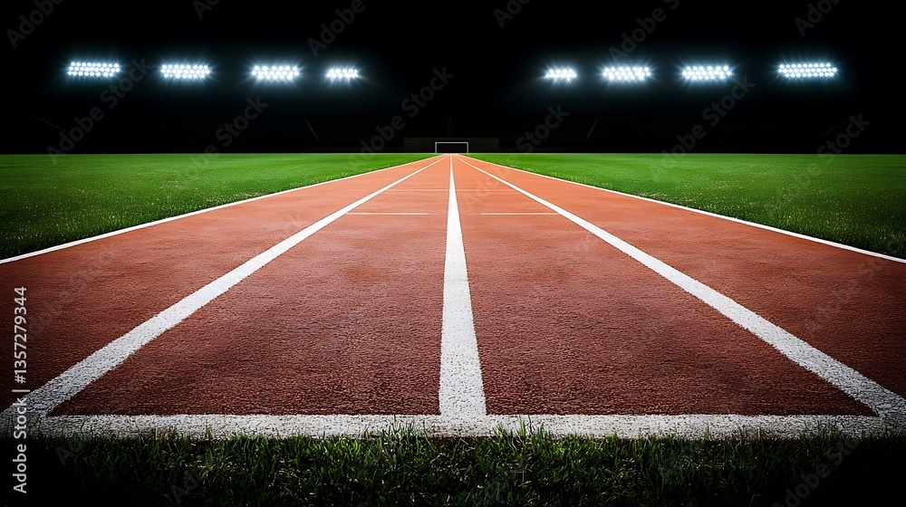 Fototapeta premium A running track illuminated by stadium lights at night