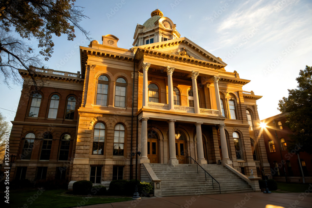Fototapeta premium A historic courthouse building with ornate architecture is illuminated by sunlight, showcasing its impressive columns and detailed design.