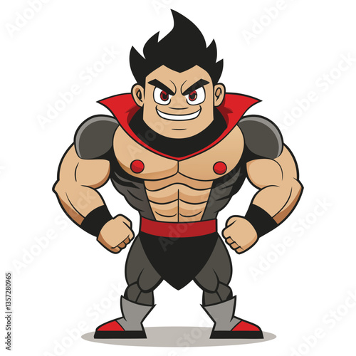Strongman Cartoon Character with Red Eyes, Muscles, and Black Hair