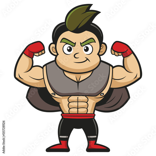 Cartoon Asian Superhero with Muscular Physique, Arms Flexed, Wearing Red Gloves, Cape