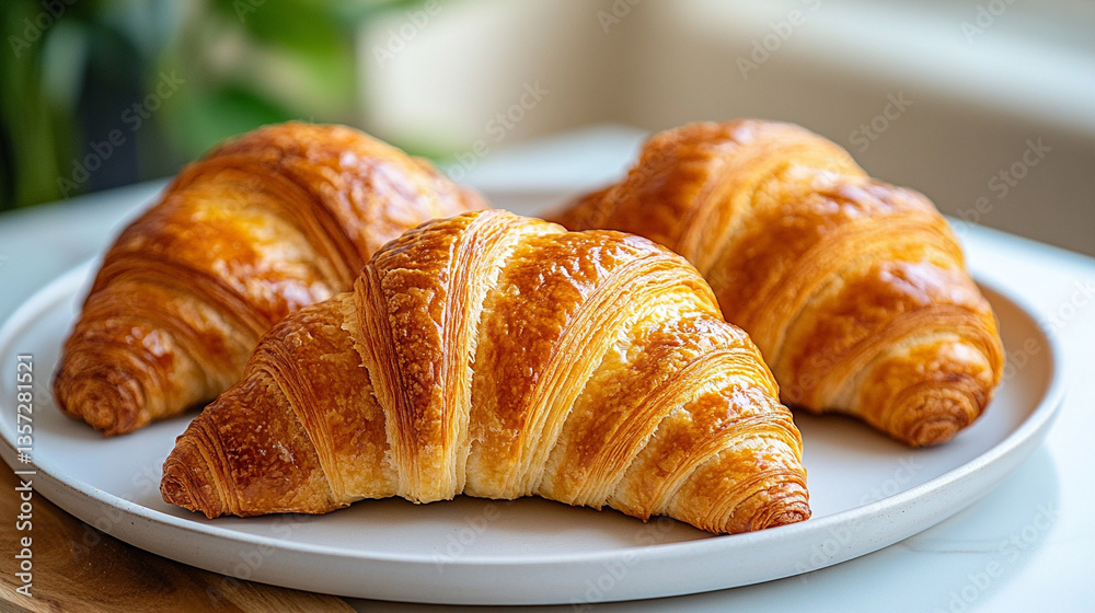 Freshly baked croissants rest on a white plate, symbolizing warmth, comfort, and indulgence. Their golden layers represent craftsmanship, tradition, and the joy of simple pleasures Freshly baked croissants rest on a white plate, symbolizing warmth, comfort, and indulgence. Their golden layers represent craftsmanship, tradition, and the joy of simple pleasures