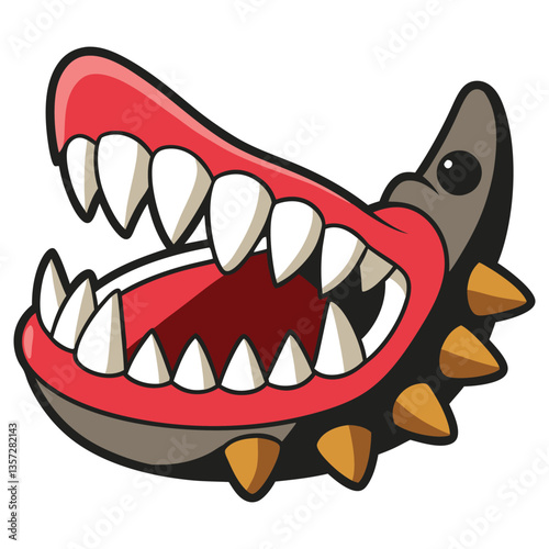 Cartoon Angry Dog Head with Open Mouth, Sharp Teeth, Spiked Collar on Isolated White
