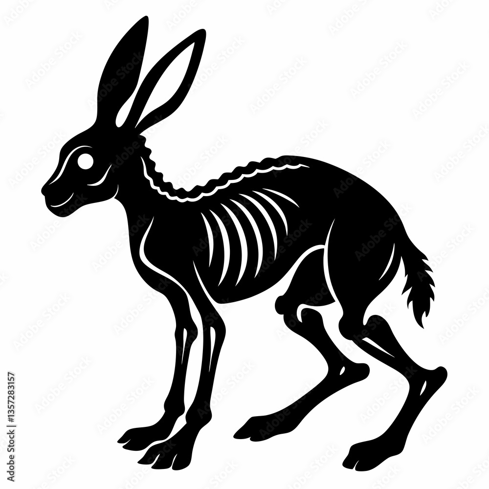 Obraz premium Hare is a black skeleton silhouette on a white isolated background. Vector image.