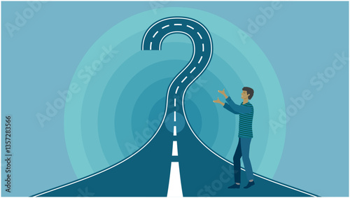 Man beside road shaped as a question mark. Dimension 16:9. Vector illustration.