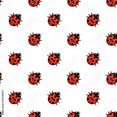 A seamless vector pattern featuring cute ladybugs on a white background. Each ladybug is red with black spots and a black head, creating a playful and cheerful design.