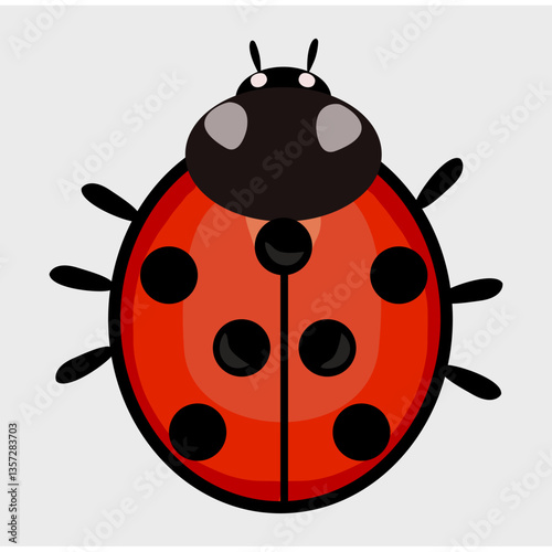 A cute cartoon vector ladybug with a red body and black spots, featuring a round black head and small antennae, set against a light gray background.