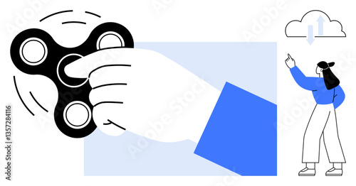 Hand spinning black fidget spinner depicted in motion, adjacent to woman pointing at cloud with arrows. Ideal for multitasking, stress management, focus, productivity, cloud tech, ideas, flat simple