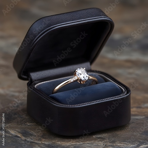 Oval diamond ring in black box on stone, proposal, jewelry advertising