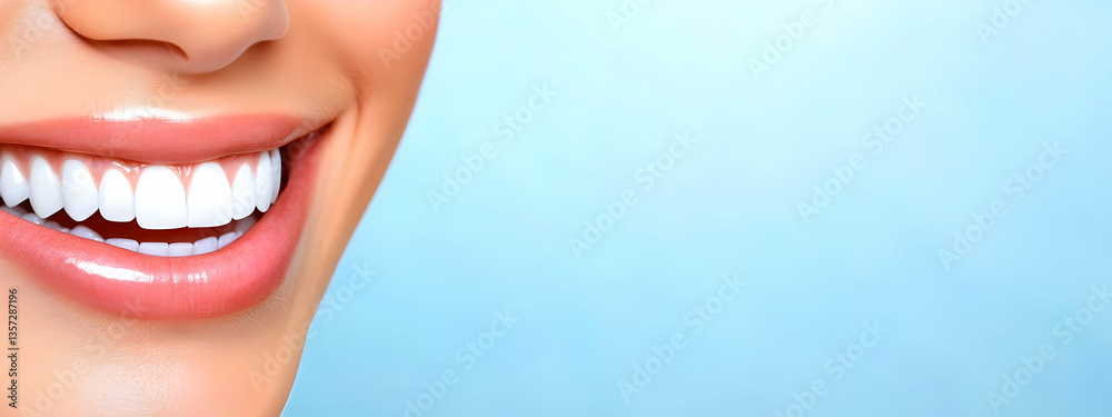Fototapeta premium A close-up shot of a bright smile against a soft blue background, radiating joy and positivity. Perfect for health and happiness themes.