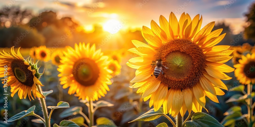 Obraz premium Stunning Sunflowers & Busy Bees: Vibrant Summer Field Photo - High-Resolution Image