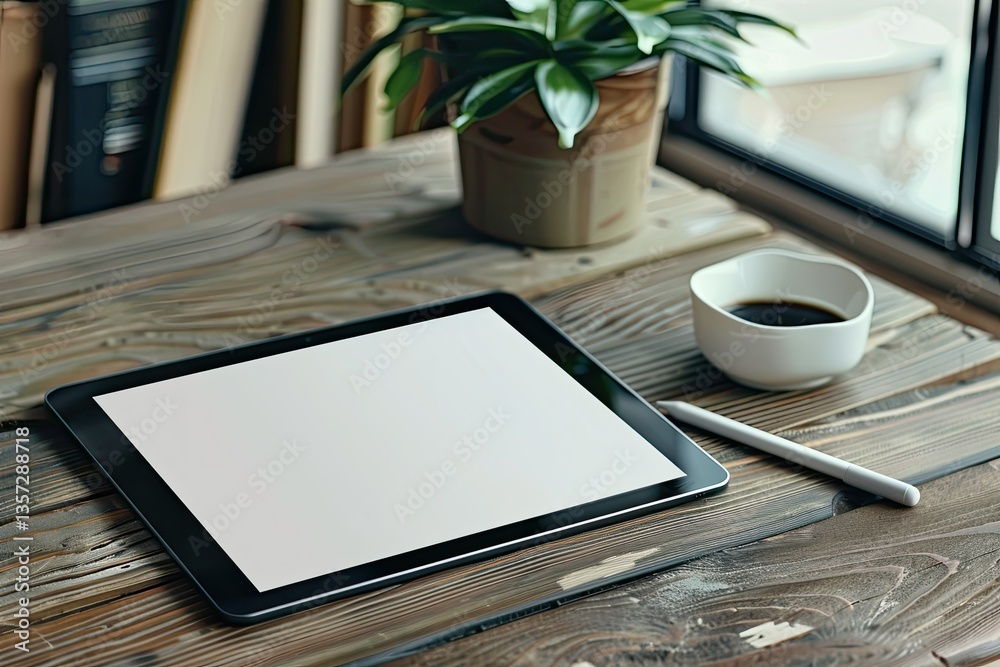 Sharp Picture of a Tablet with a White Screen Sits on a Wooden Table Sharp Picture of a Tablet with a White Screen Sits on a Wooden Table