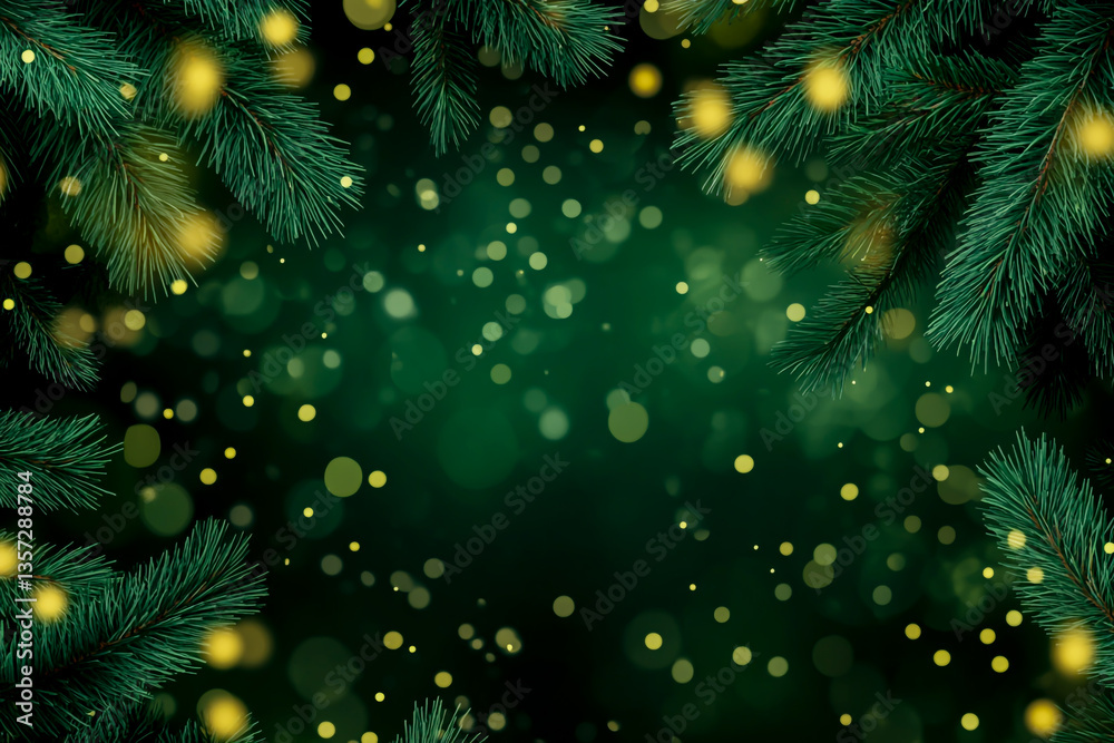 Fototapeta premium Close-Up of Pine Tree Branches with Lights and Green Bokeh Background
